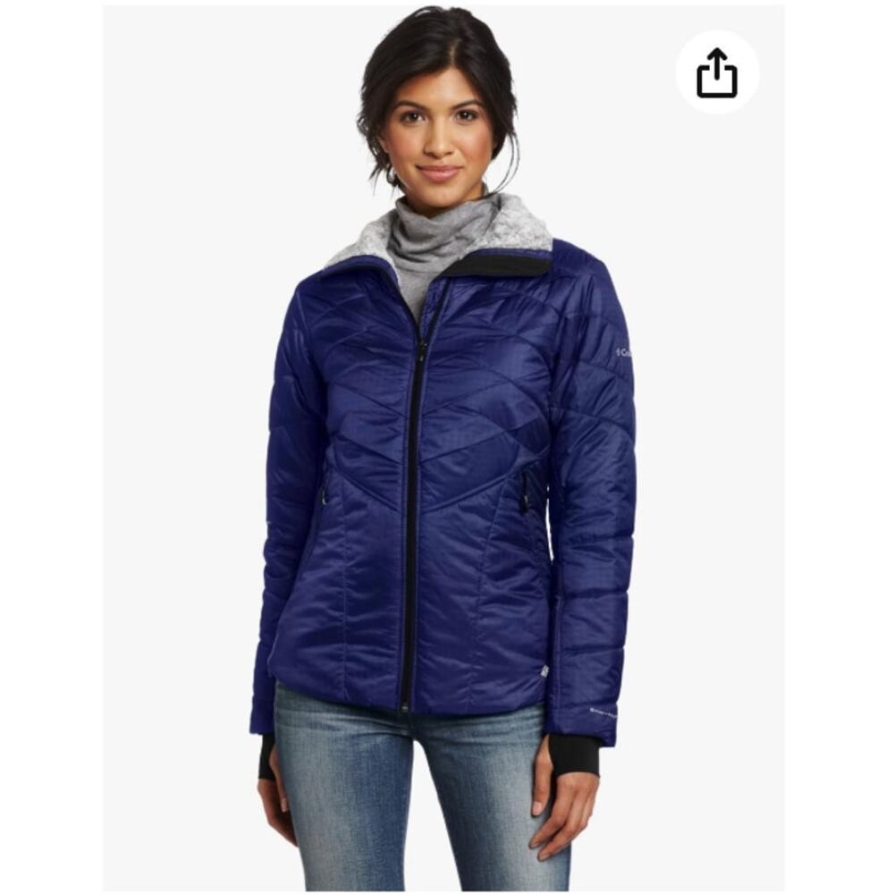 Columbia Womens M Omni Heat $149 Soft Shell Jacket Fur Collar Full Zip Navy Blue